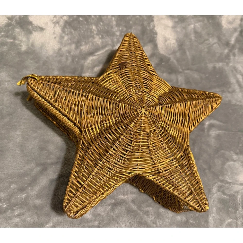 Vintage Gold Wicker Star Basket Hinged Lid Celestial Decor Gift Box Boho Star